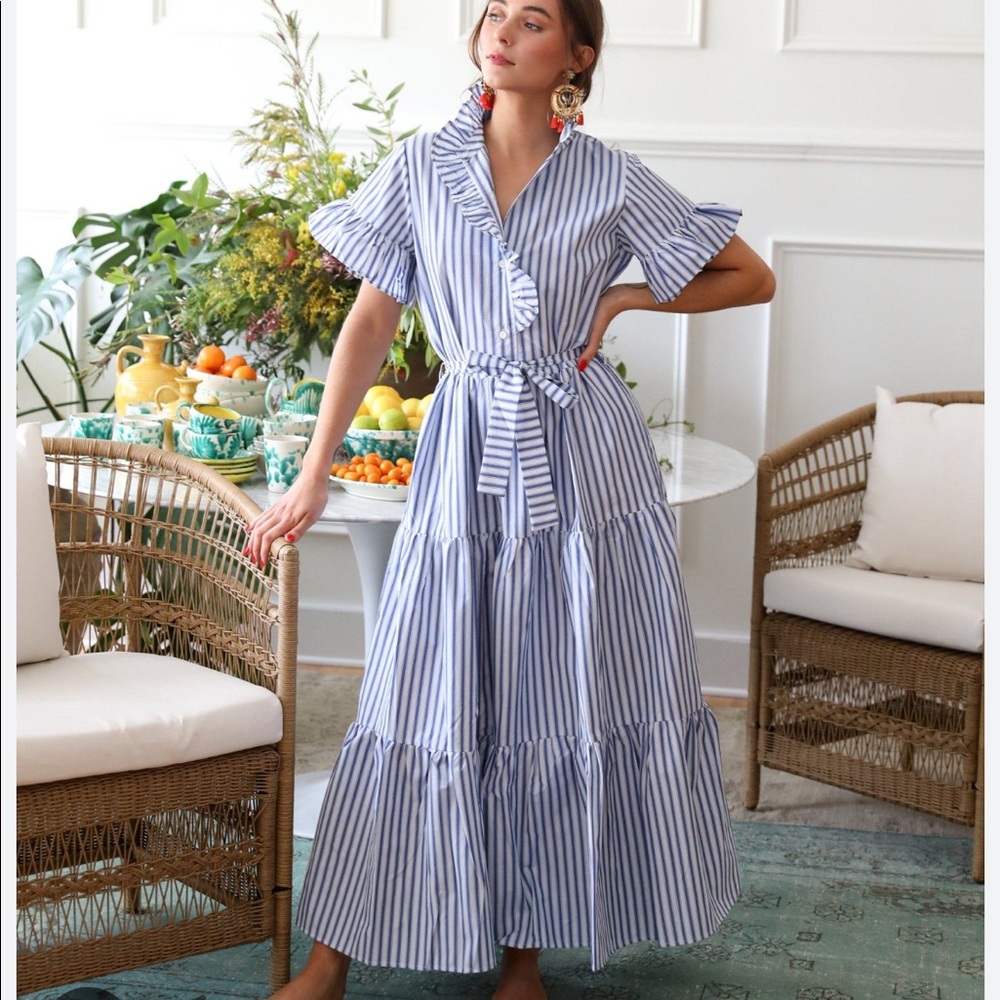 Mille Victoria Ruffle Front Dress - Blue Stripe Size XXS (runs large)